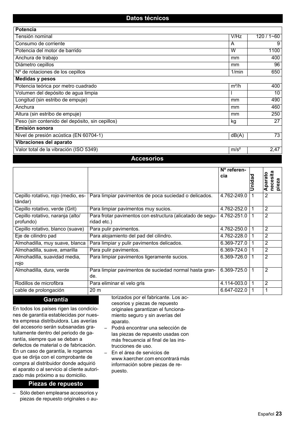 Datos técnicos, Accesorios, Garantía piezas de repuesto | Karcher Scrubber BRS 40-1000 C User Manual | Page 23 / 28