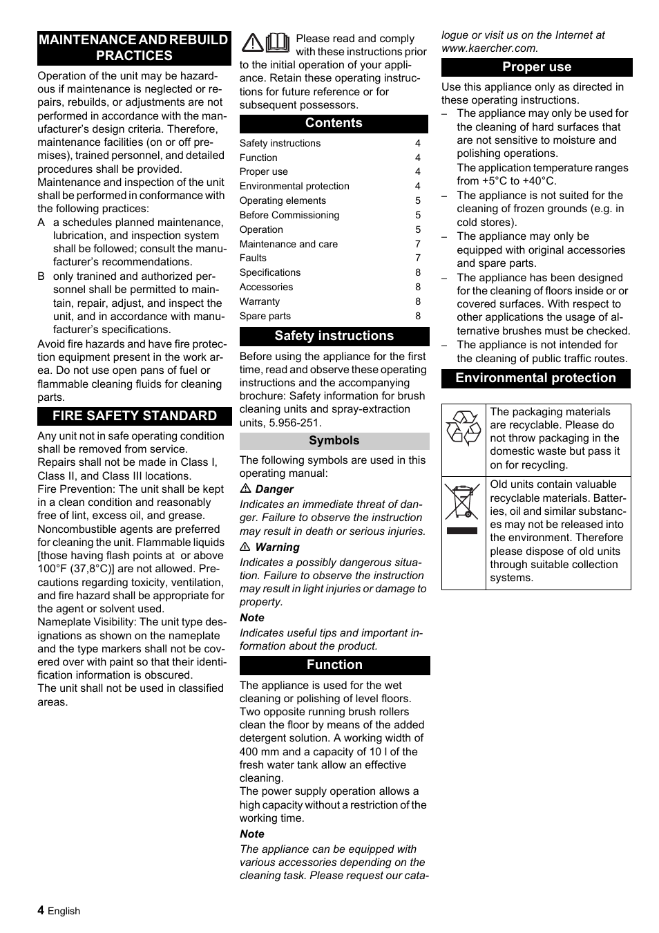 Function proper use environmental protection | Karcher Scrubber BRS 40-1000 C User Manual | Page 4 / 28