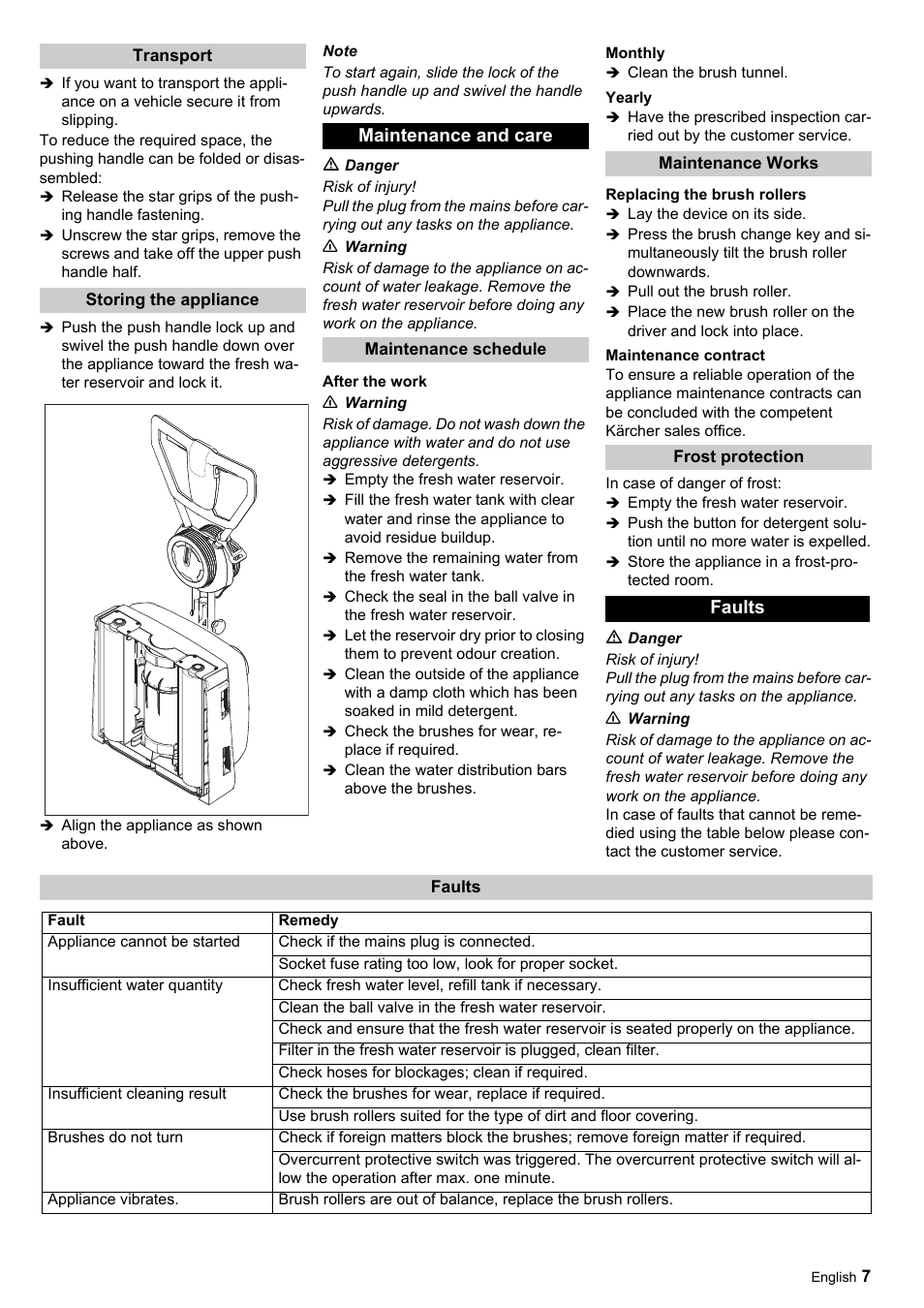 Maintenance and care, Faults | Karcher Scrubber BRS 40-1000 C User Manual | Page 7 / 28