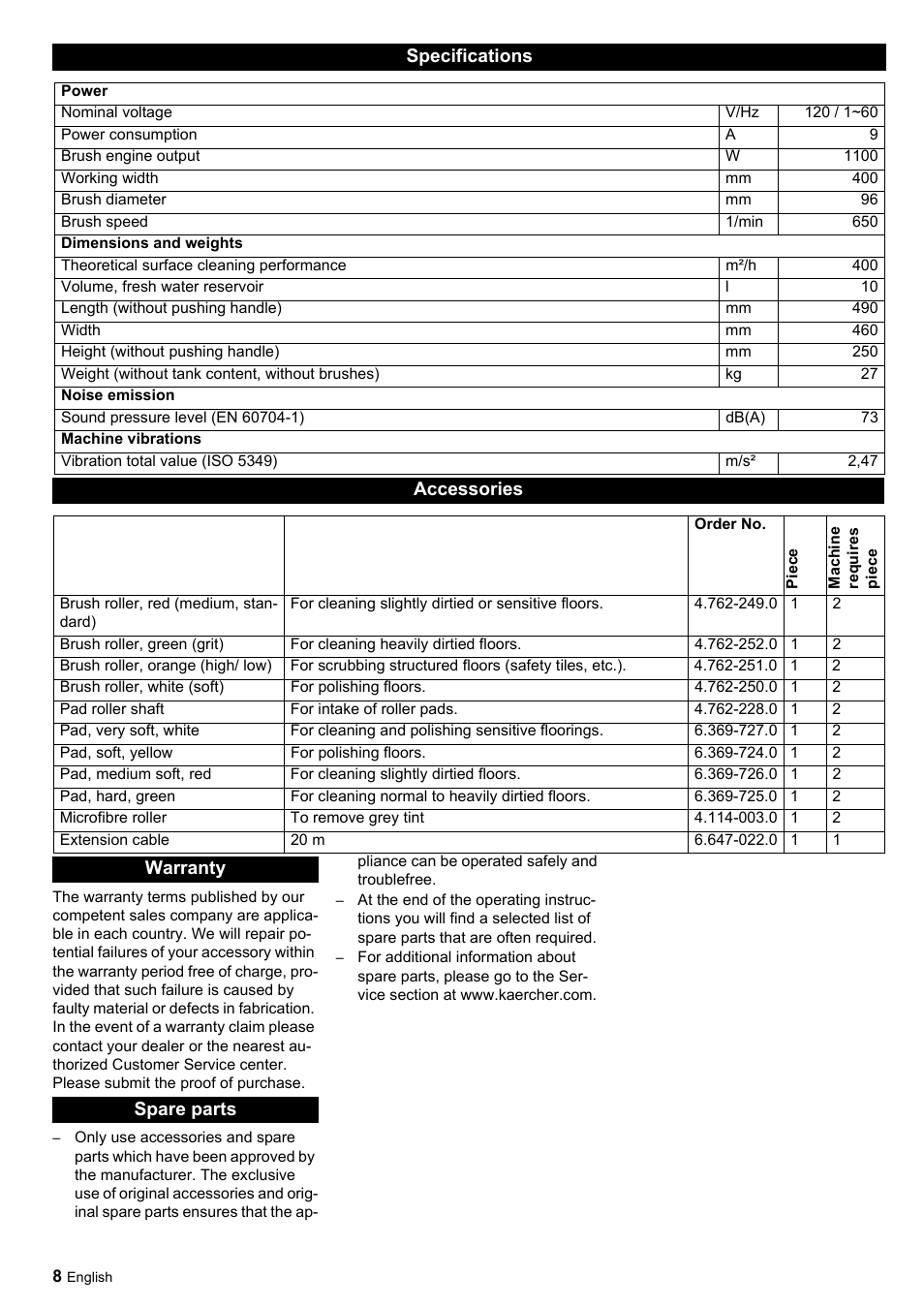 Specifications, Accessories, Warranty spare parts | Karcher Scrubber BRS 40-1000 C User Manual | Page 8 / 28