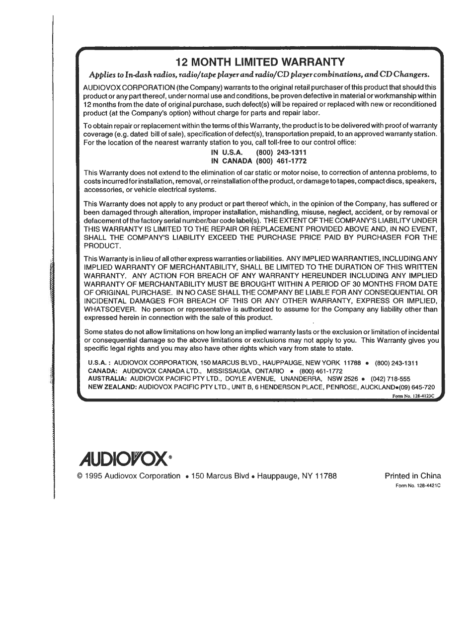 12 month limited warranty, Ajdkwox | Audiovox AV-970 User Manual | Page 19 / 19