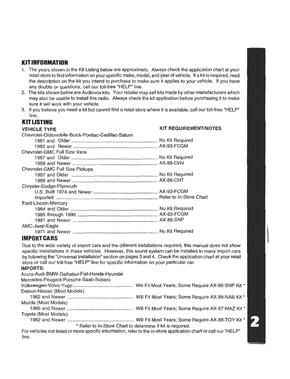 Kit information, Kit listing, Importcars | Audiovox AV-970 User Manual | Page 3 / 19