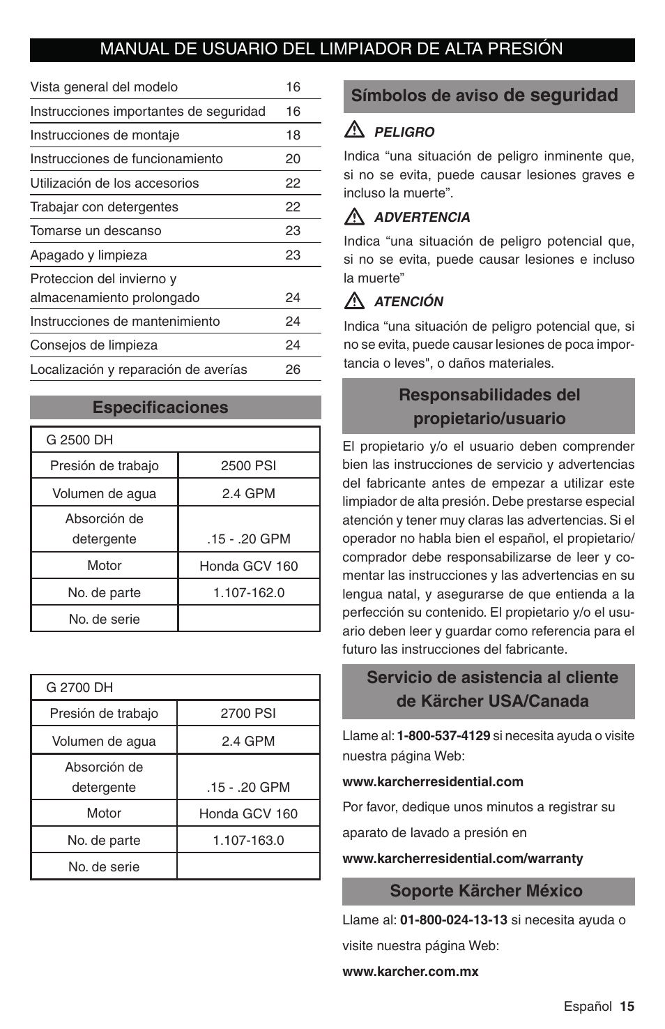 De seguridad, Manual de usuario del limpiador de alta presión | Karcher G 2700 DH User Manual | Page 15 / 44