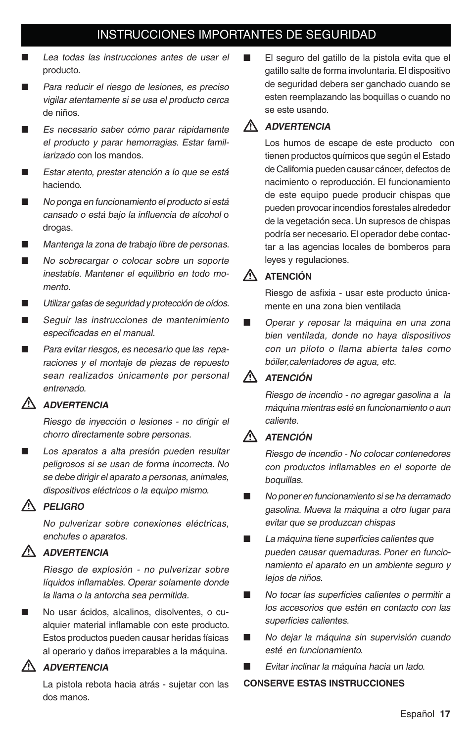 Instrucciones importantes de seguridad | Karcher G 2700 DH User Manual | Page 17 / 44