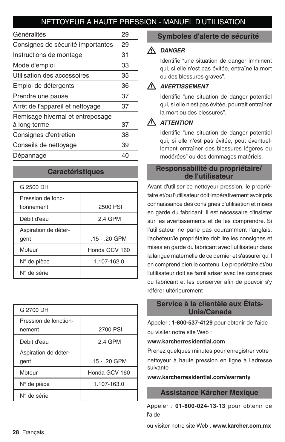 Responsabilité du propriétaire/ de l'utilisateur, Nettoyeur a haute pression - manuel d'utilisation | Karcher G 2700 DH User Manual | Page 28 / 44