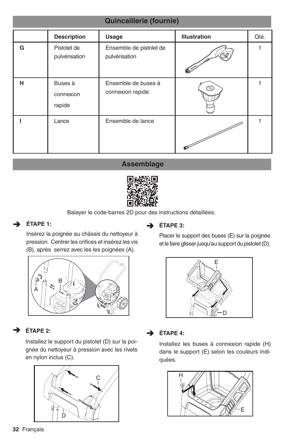 Assemblage, Quincaillerie (fournie) | Karcher G 2700 DH User Manual | Page 32 / 44