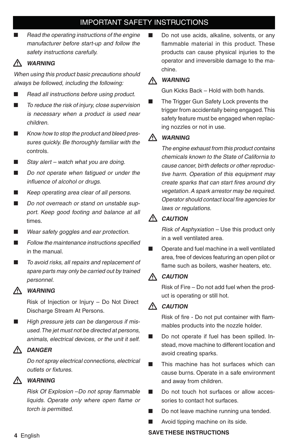 Important safety instructions | Karcher G 2700 DH User Manual | Page 4 / 44