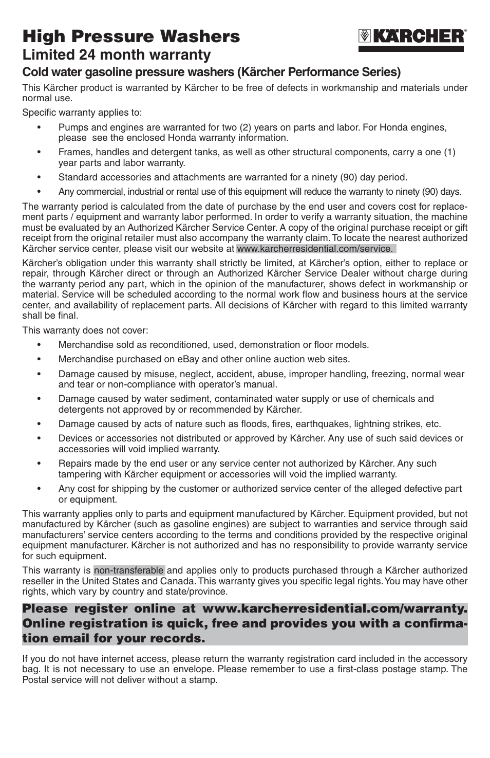 High pressure washers, Limited 24 month warranty | Karcher G 2700 DH User Manual | Page 43 / 44