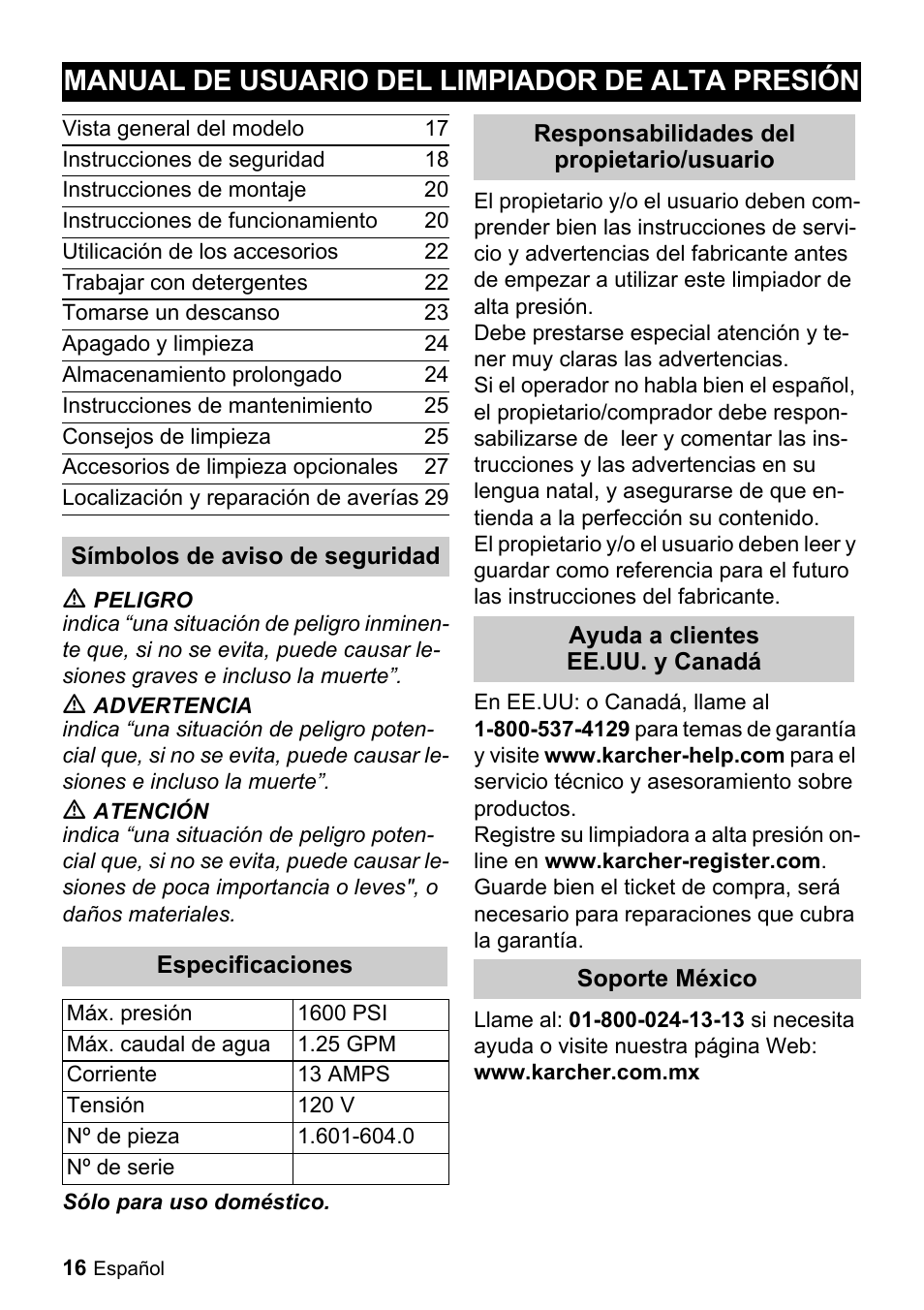 Manual de usuario del limpiador de alta presión | Karcher K 2-29 User Manual | Page 16 / 48