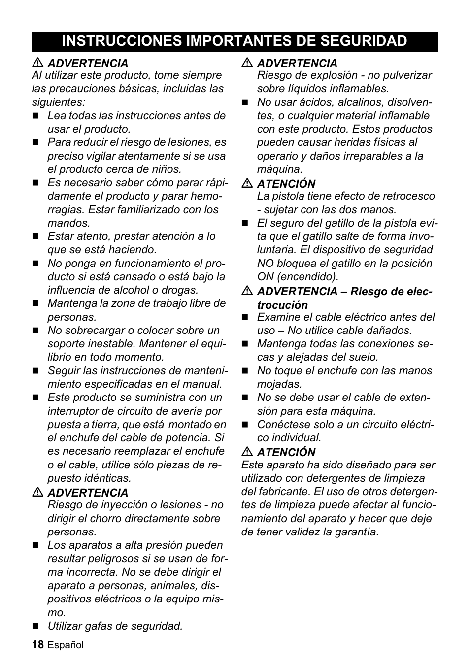 Instrucciones importantes de seguridad | Karcher K 2-29 User Manual | Page 18 / 48