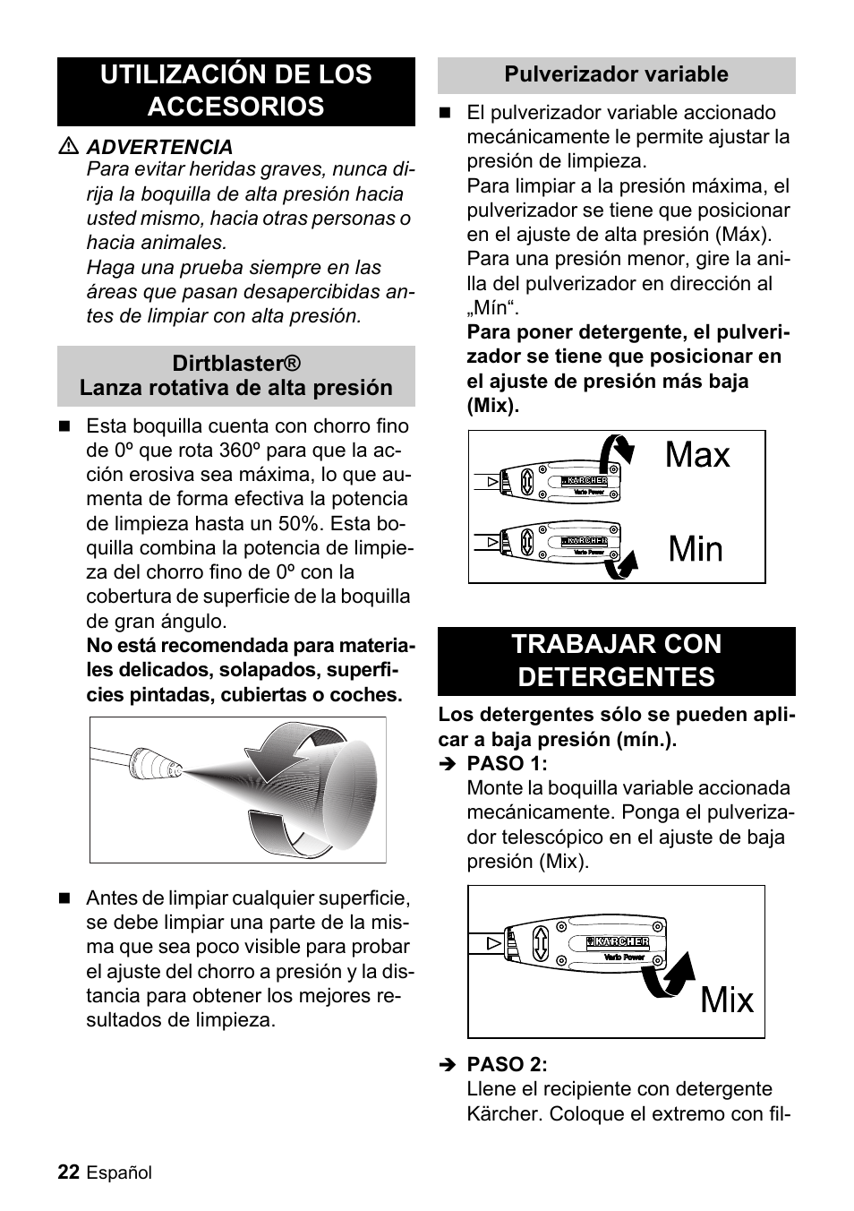 Utilización de los accesorios, Trabajar con detergentes | Karcher K 2-29 User Manual | Page 22 / 48