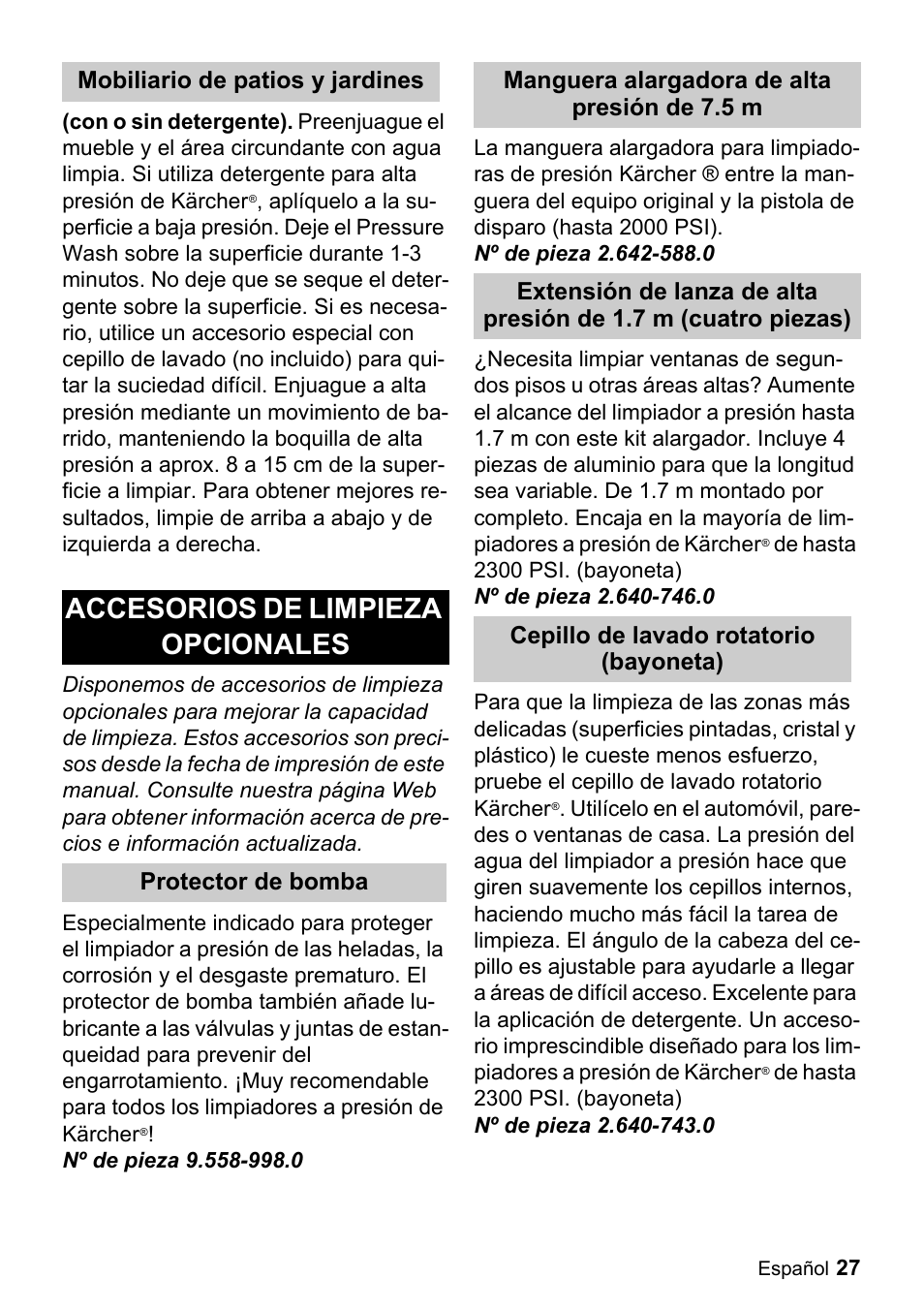 Accesorios de limpieza opcionales | Karcher K 2-29 User Manual | Page 27 / 48