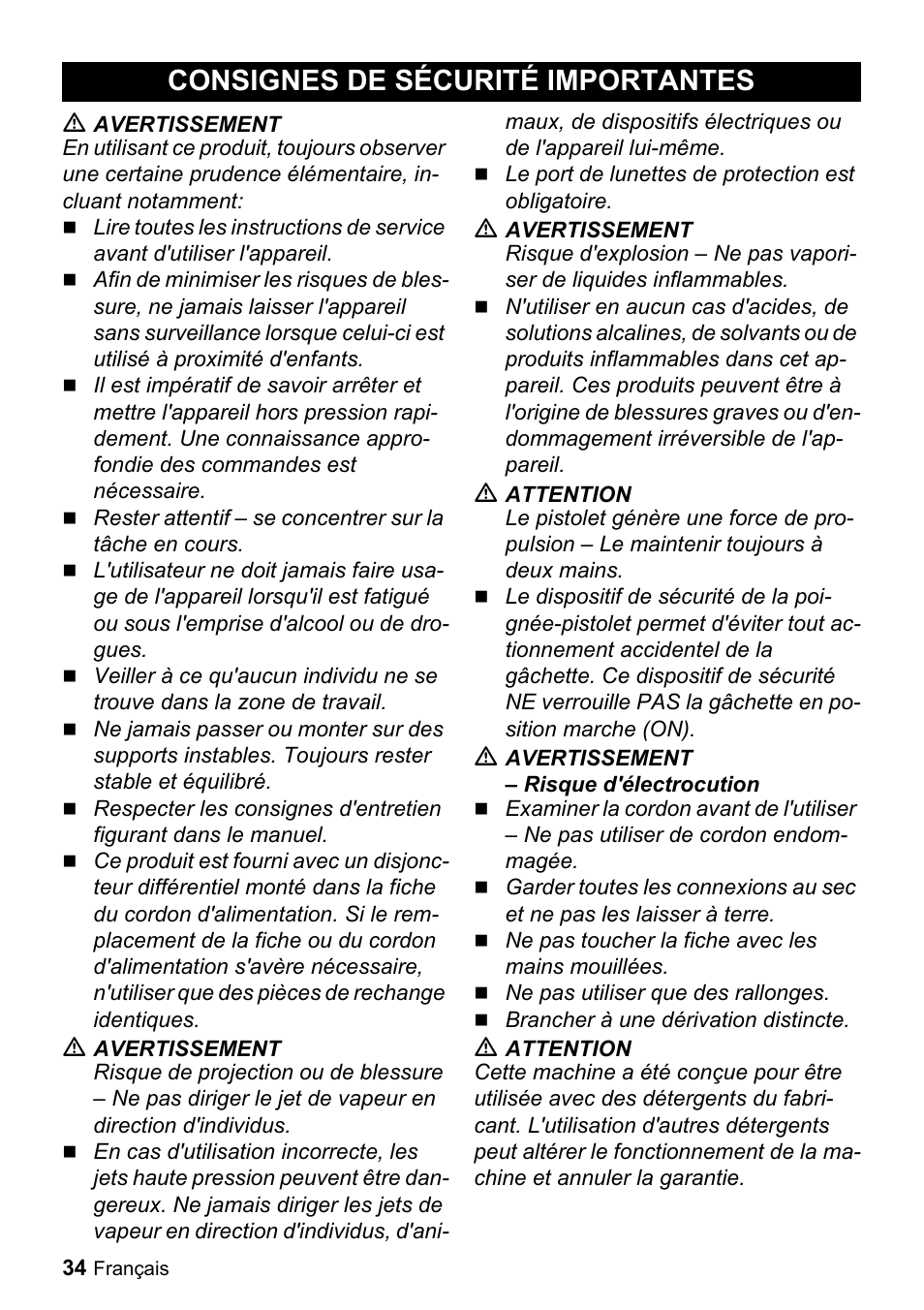 Consignes de sécurité importantes | Karcher K 2-29 User Manual | Page 34 / 48