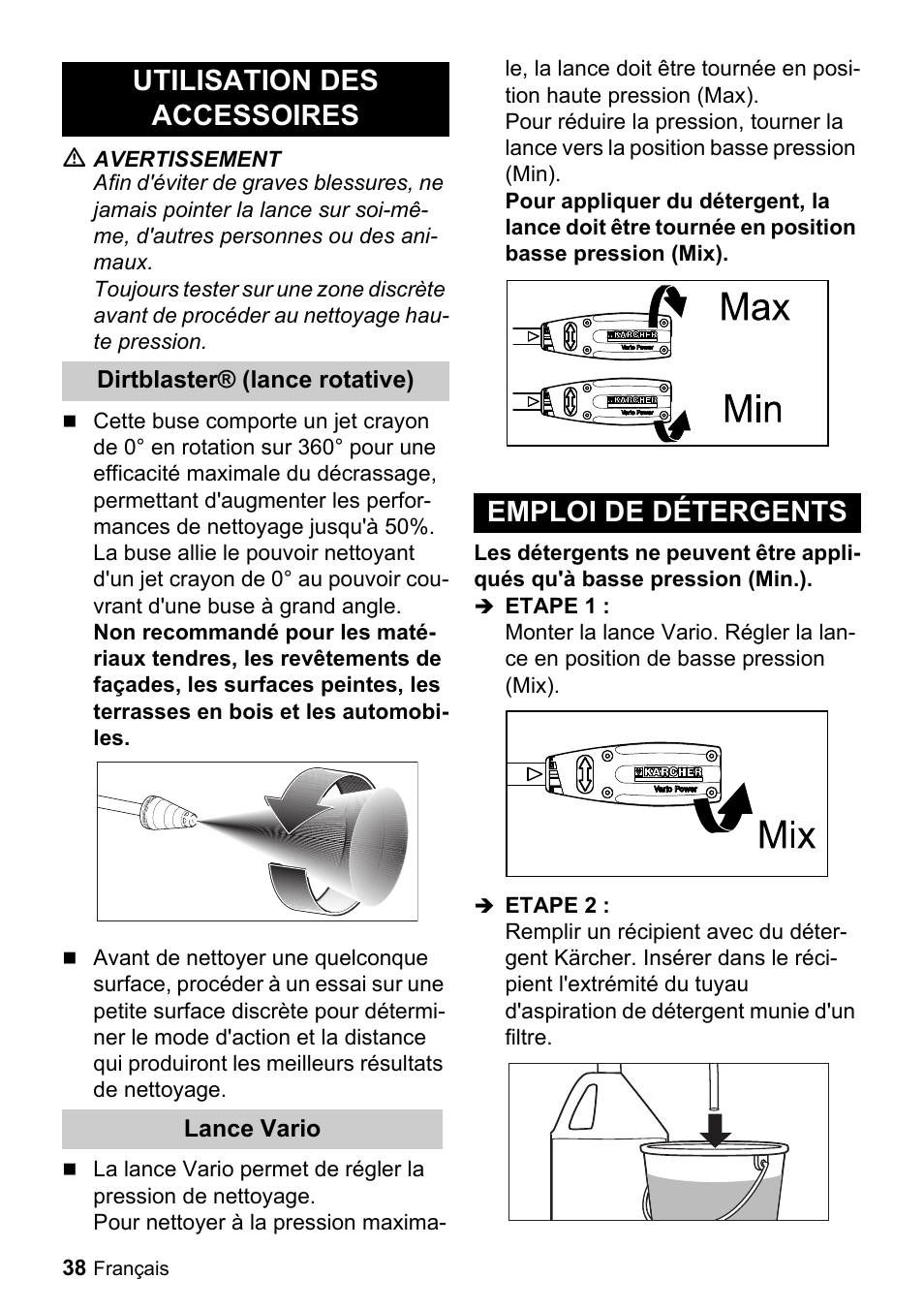 Utilisation des accessoires, Emploi de détergents | Karcher K 2-29 User Manual | Page 38 / 48