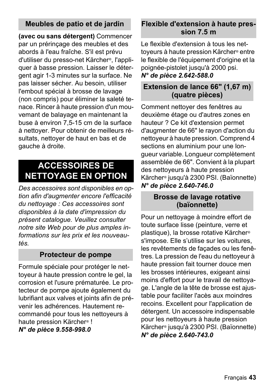 Accessoires de nettoyage en option | Karcher K 2-29 User Manual | Page 43 / 48