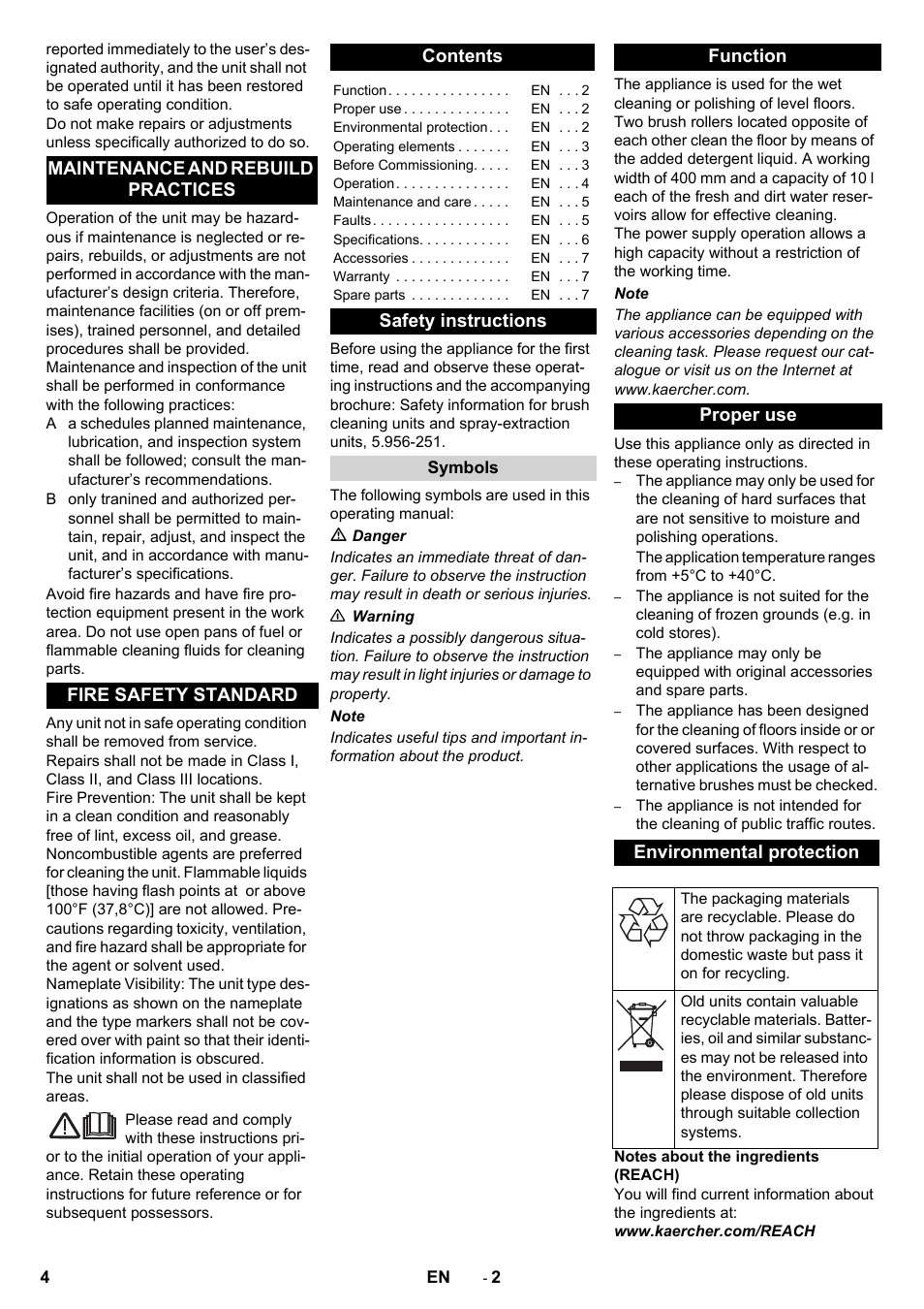 Safety instructions, Function proper use environmental protection | Karcher BR 40-10 C ADV User Manual | Page 4 / 28