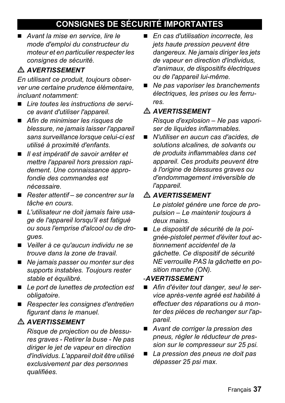 Consignes de sécurité importantes | Karcher G 4000 OH servo press User Manual | Page 37 / 50