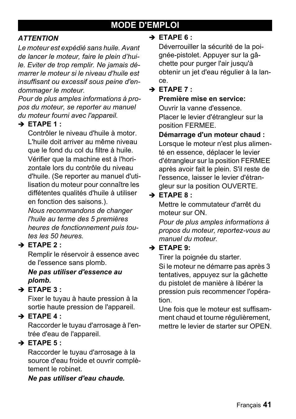 Mode d'emploi | Karcher G 4000 OH servo press User Manual | Page 41 / 50