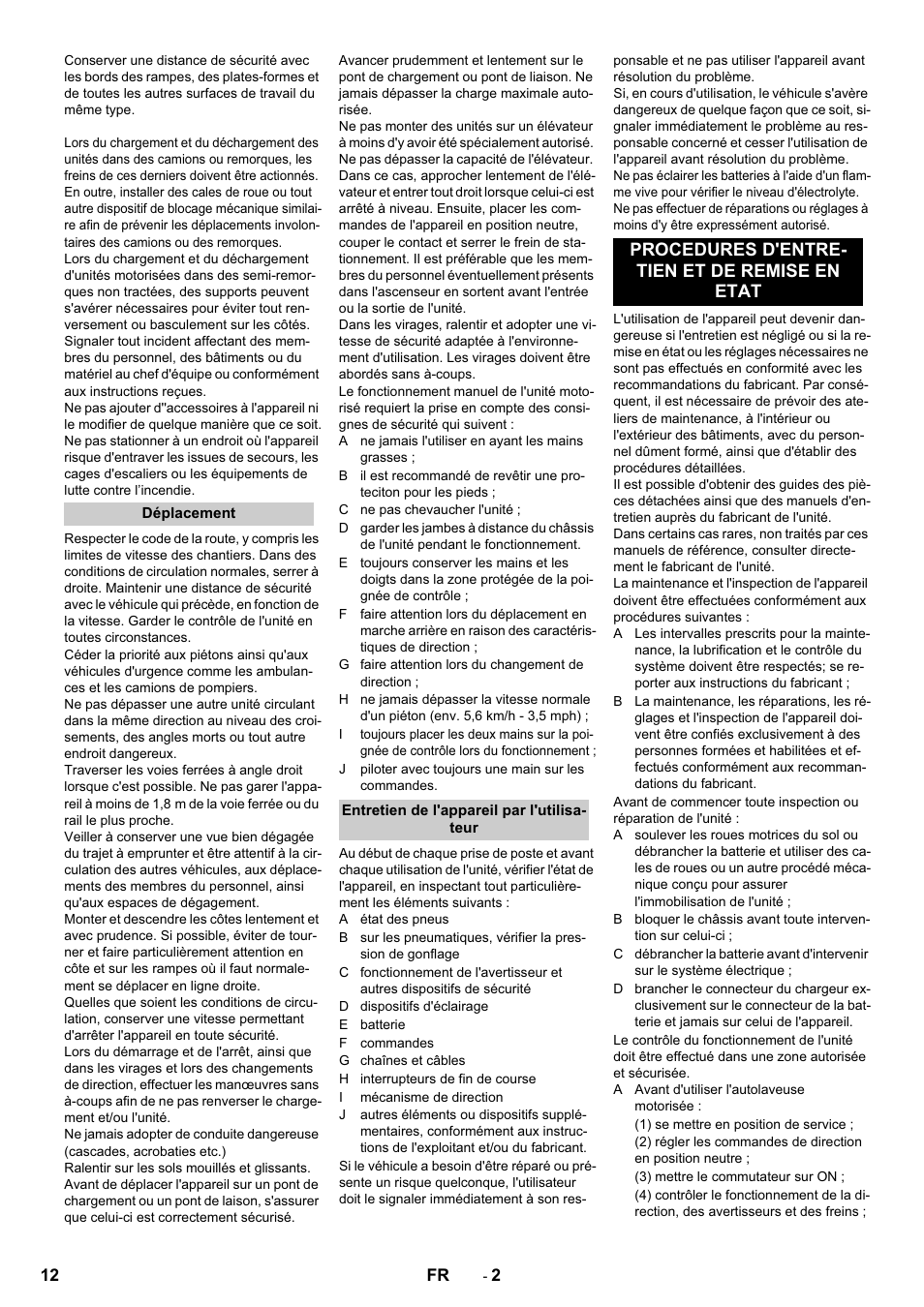 Procedures d'entre- tien et de remise en etat | Karcher KM 70-30 C Bp Pack Adv User Manual | Page 12 / 28