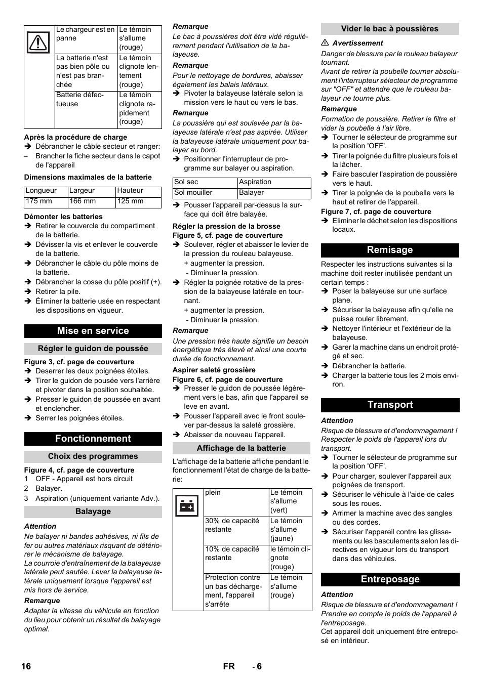 Mise en service, Fonctionnement, Remisage transport entreposage | Karcher KM 70-30 C Bp Pack Adv User Manual | Page 16 / 28
