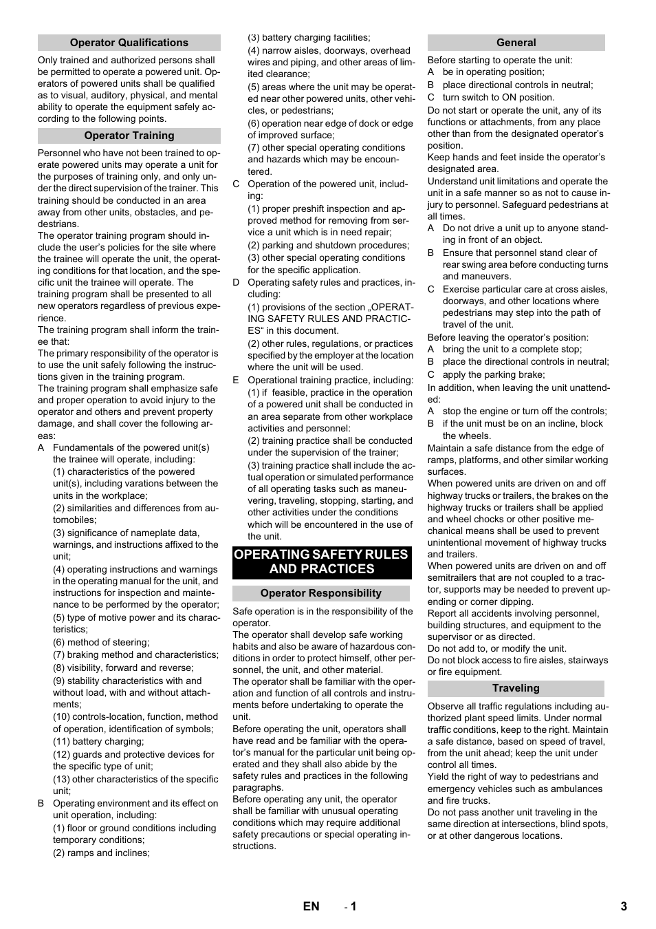 English, Operating safety rules and practices | Karcher KM 70-30 C Bp Pack Adv User Manual | Page 3 / 28
