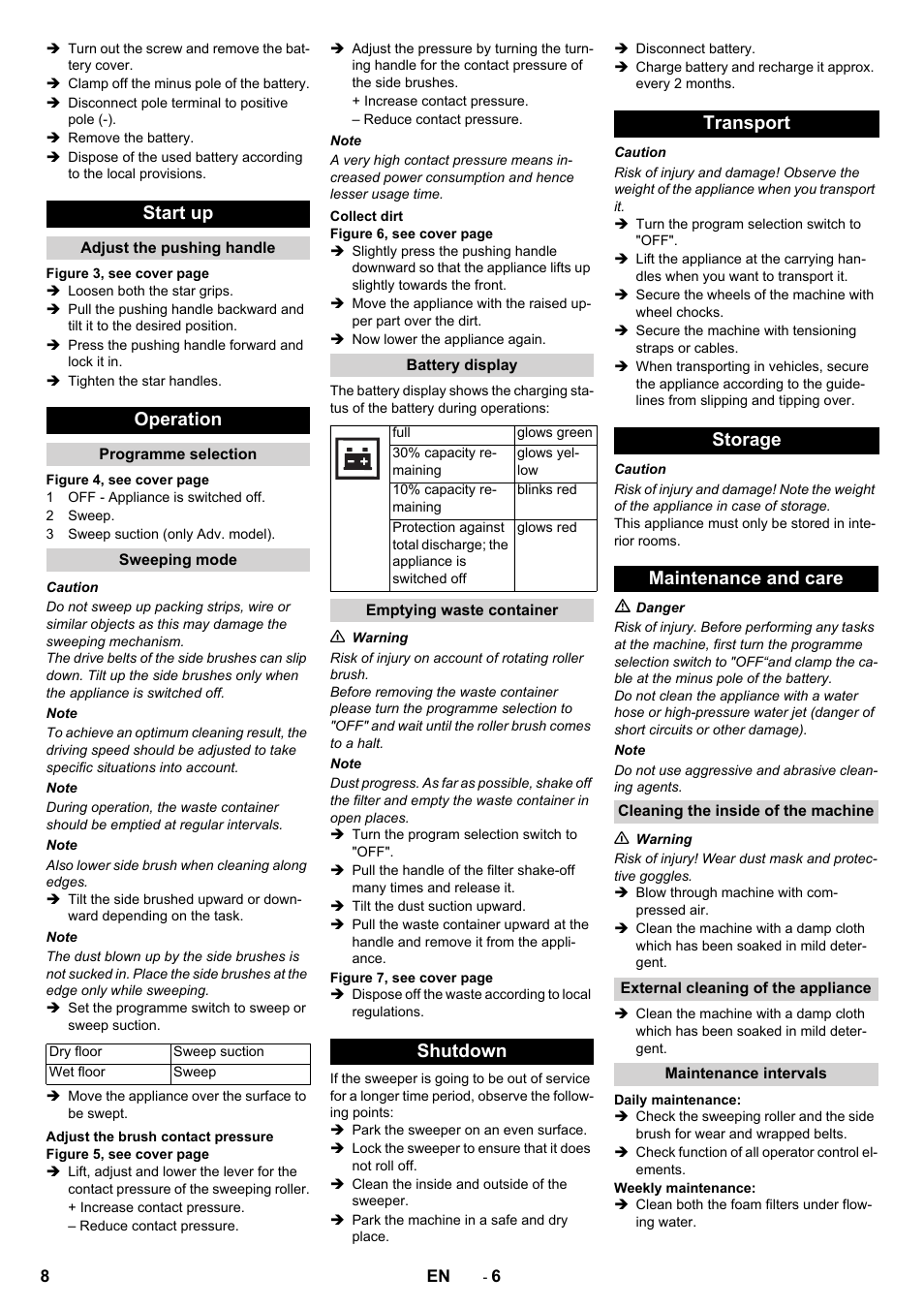 Start up, Operation, Shutdown transport storage maintenance and care | Karcher KM 70-30 C Bp Pack Adv User Manual | Page 8 / 28