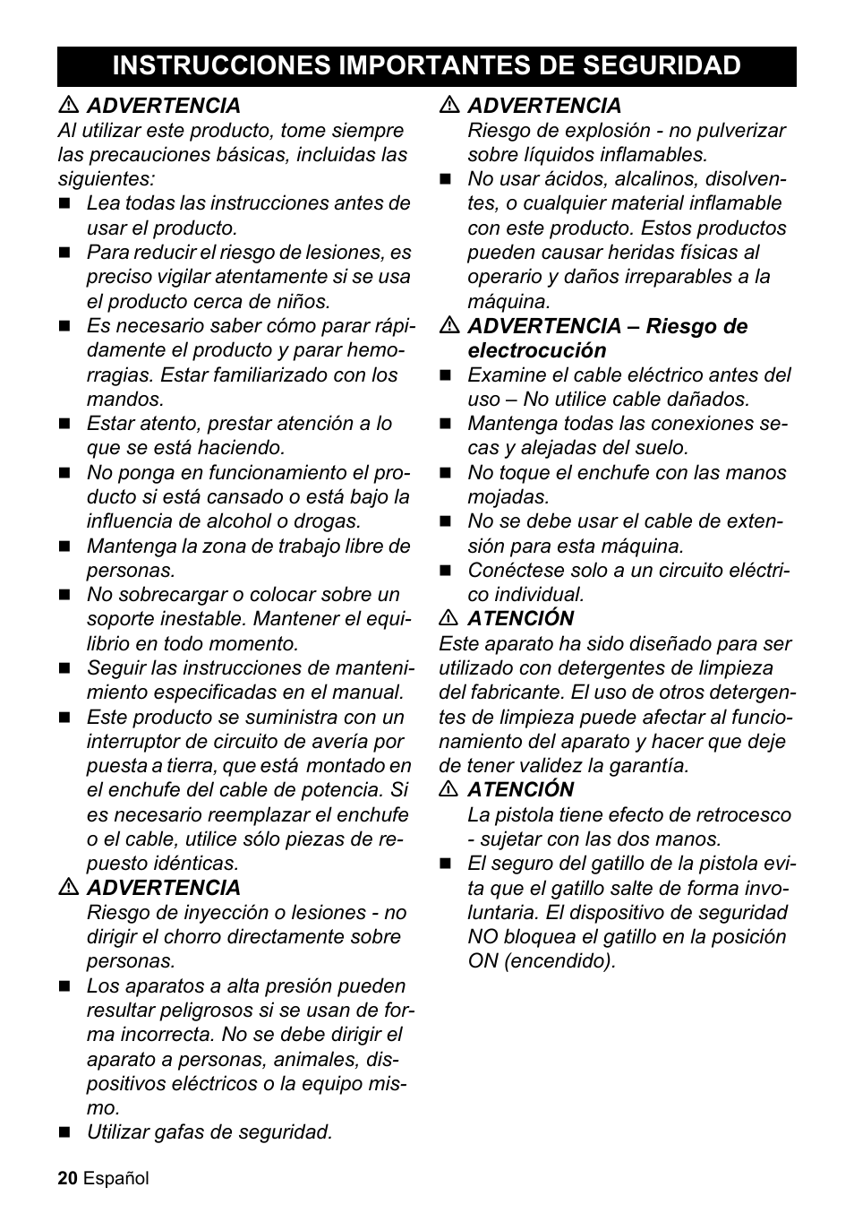 Instrucciones importantes de seguridad | Karcher K 2-360 CCK User Manual | Page 20 / 52