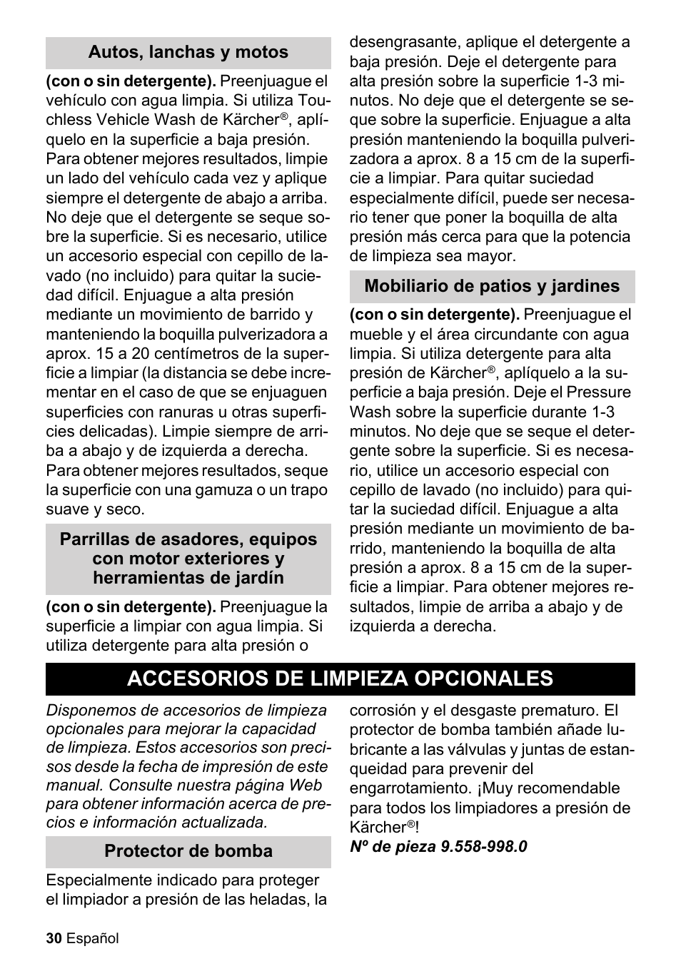 Accesorios de limpieza opcionales | Karcher K 2-360 CCK User Manual | Page 30 / 52