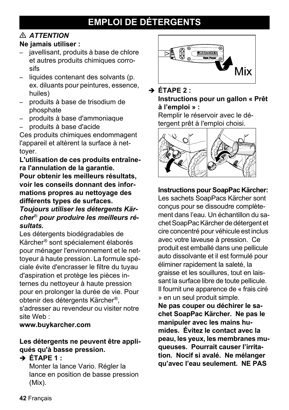 Emploi de détergents | Karcher K 2-360 CCK User Manual | Page 42 / 52