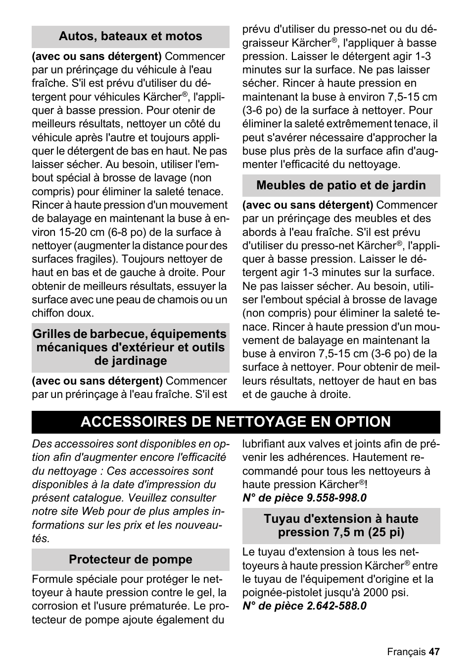 Accessoires de nettoyage en option | Karcher K 2-360 CCK User Manual | Page 47 / 52