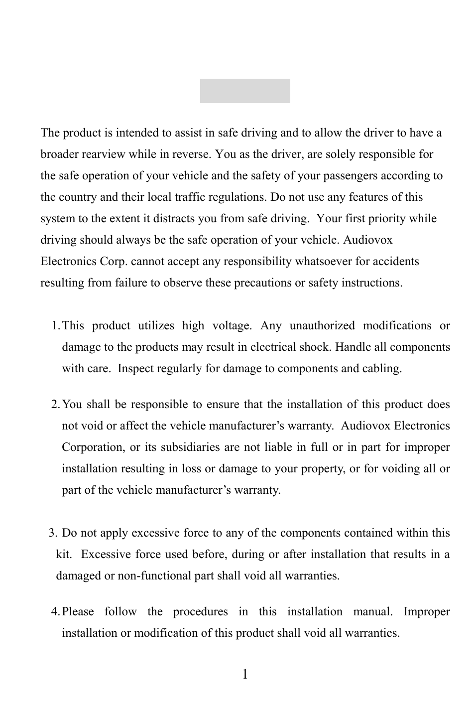 Warnings | Audiovox RVMPKG4 User Manual | Page 2 / 12