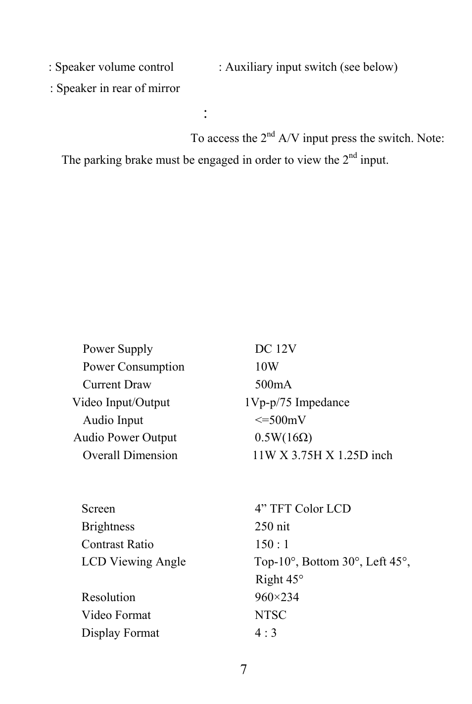 Specification, Auxiliary input switch | Audiovox RVMPKG4 User Manual | Page 8 / 12