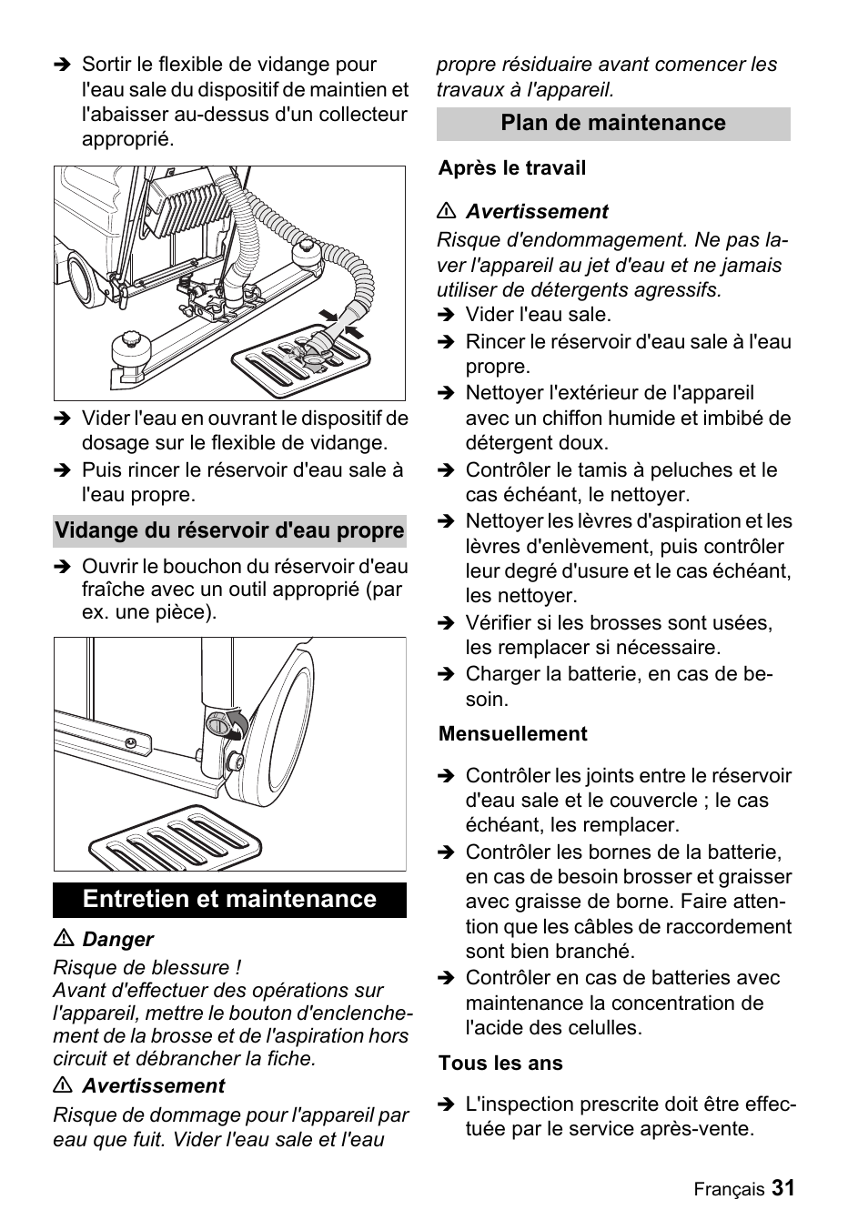 Entretien et maintenance | Karcher BD 530 Bp User Manual | Page 31 / 56