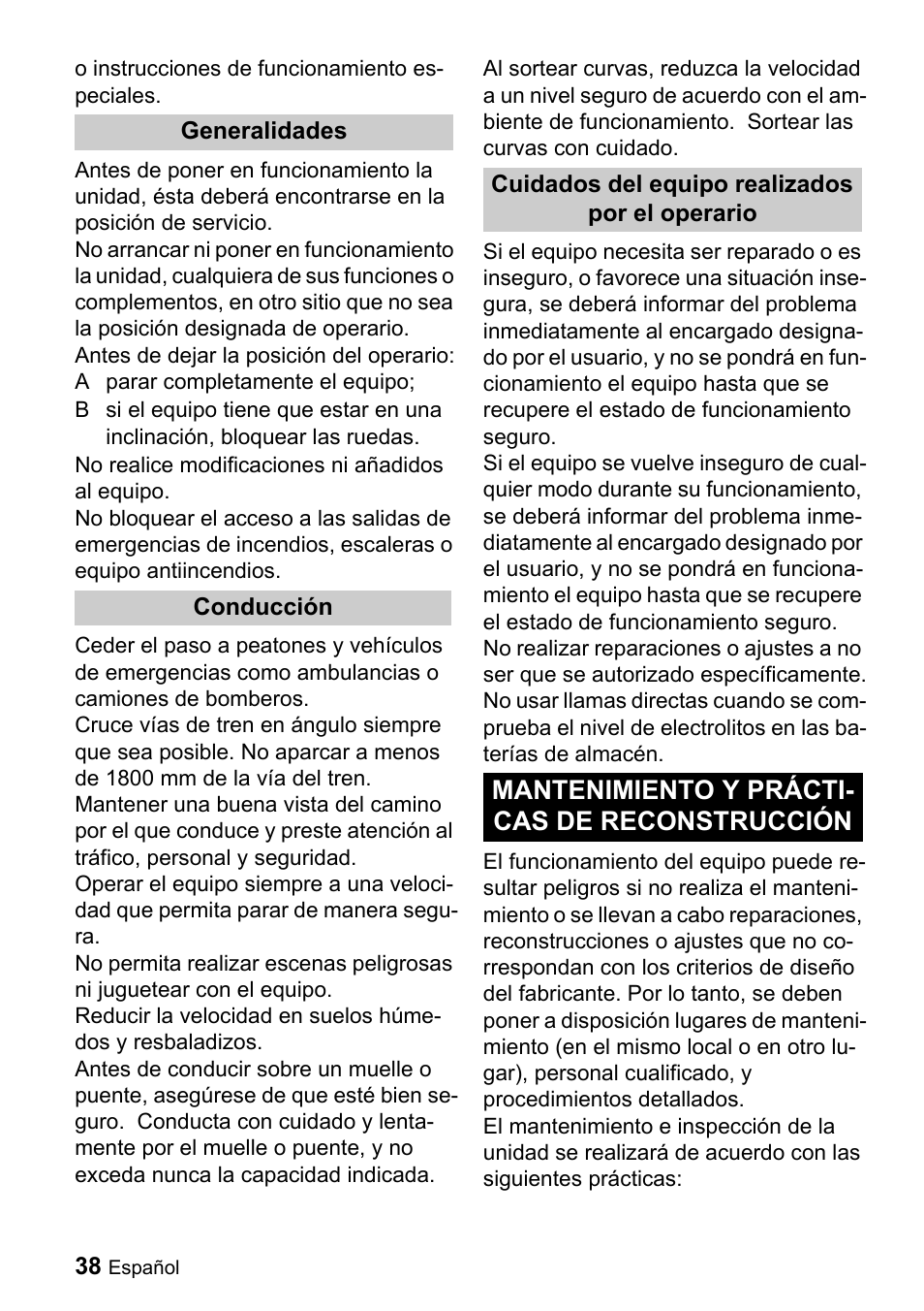 Mantenimiento y prácti- cas de reconstrucción | Karcher BD 530 Bp User Manual | Page 38 / 56