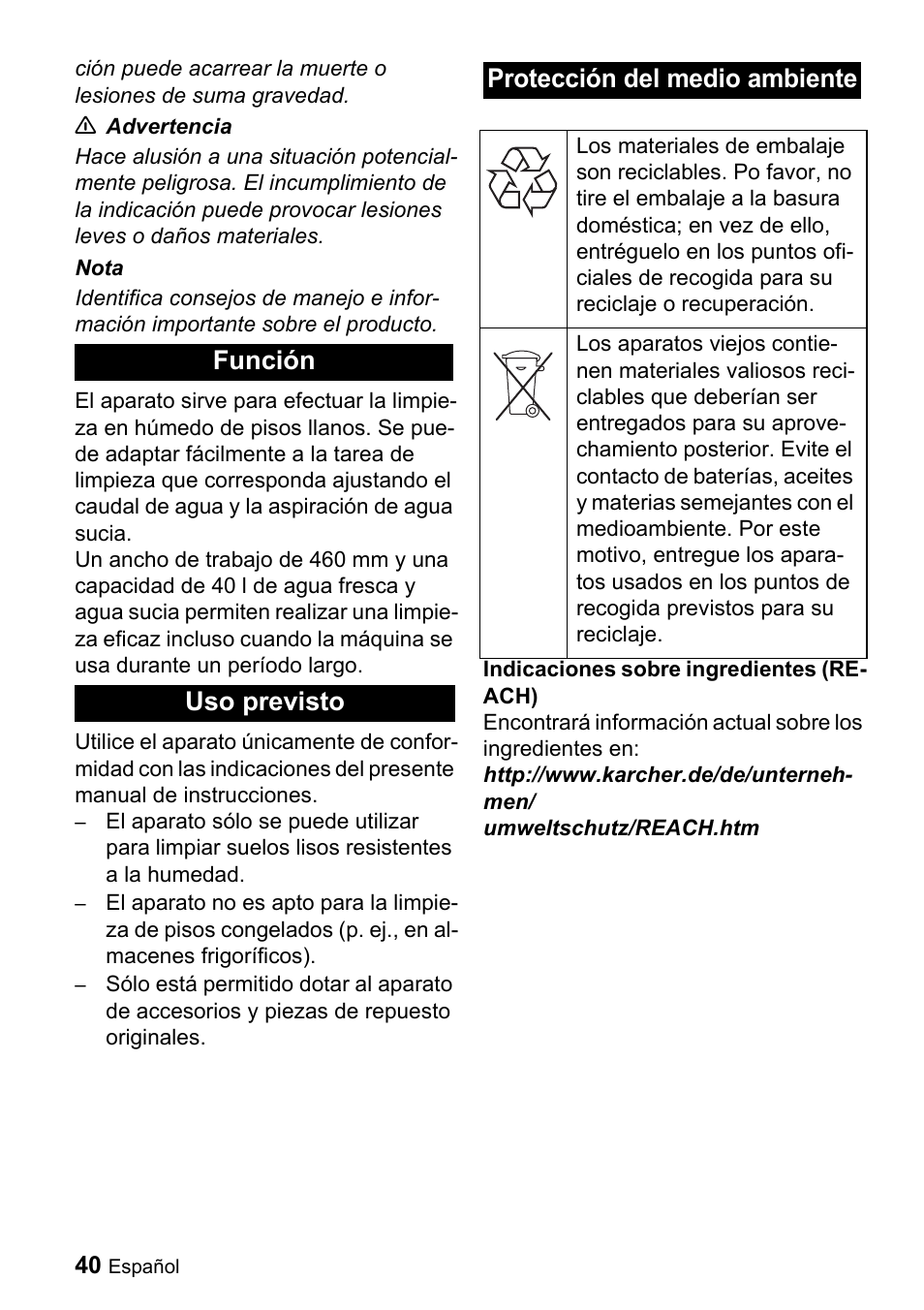 Función uso previsto protección del medio ambiente | Karcher BD 530 Bp User Manual | Page 40 / 56