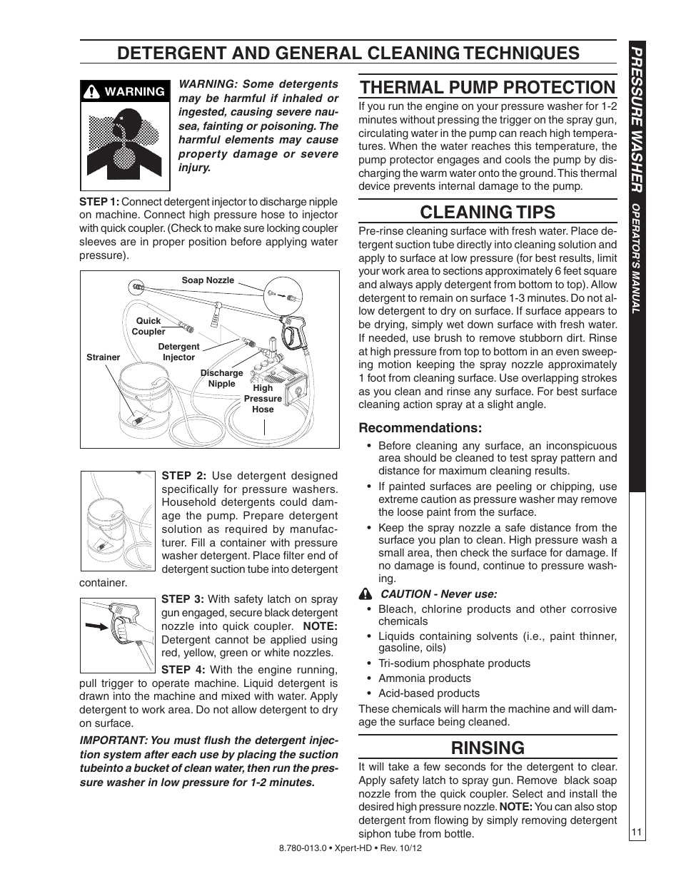 Thermal pump protection, Cleaning tips, Rinsing | Detergent and general cleaning techniques, Pressure w asher | Karcher HD 2-5-27 P User Manual | Page 11 / 20