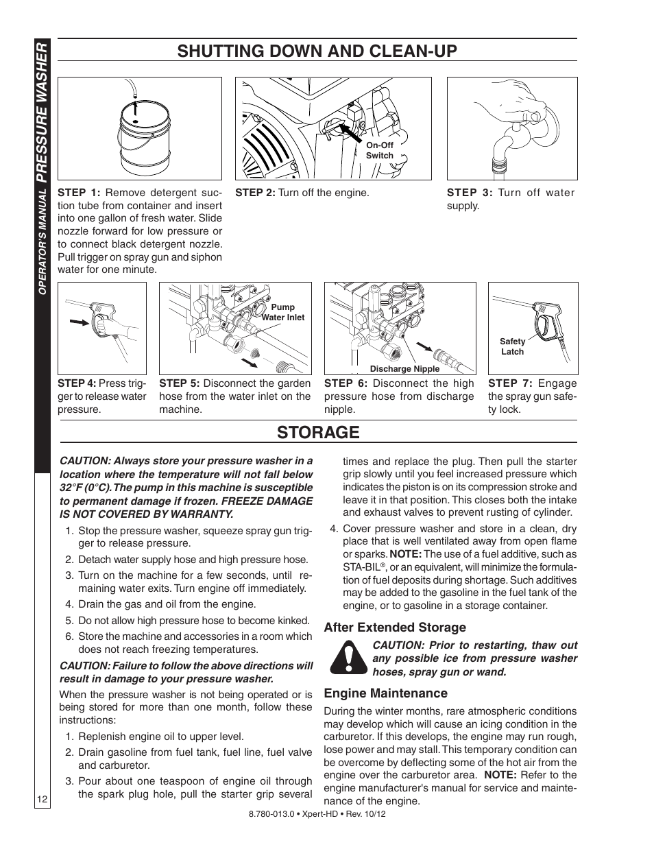 Shutting down and clean-up, Storage, Pressure w asher | Karcher HD 2-5-27 P User Manual | Page 12 / 20