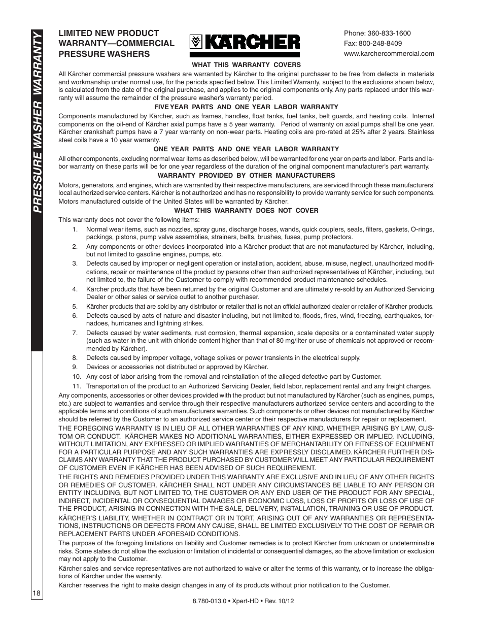 Pressure w asher w arranty | Karcher HD 2-5-27 P User Manual | Page 18 / 20