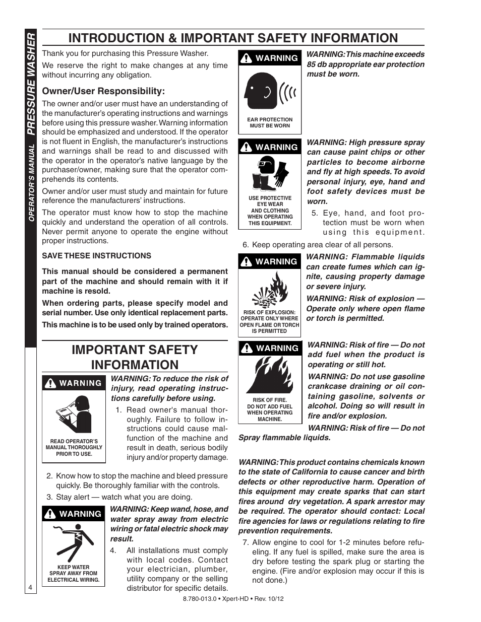 Introduction & important safety information, Important safety information, Pressure w asher | Owner/user responsibility | Karcher HD 2-5-27 P User Manual | Page 4 / 20