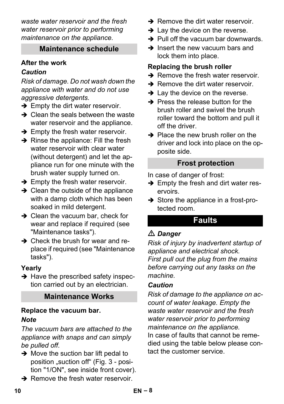 Maintenance schedule, After the work, Yearly | Maintenance works, Replace the vacuum bar, Replacing the brush roller, Frost protection, Faults | Karcher BR 30-4 User Manual | Page 10 / 44