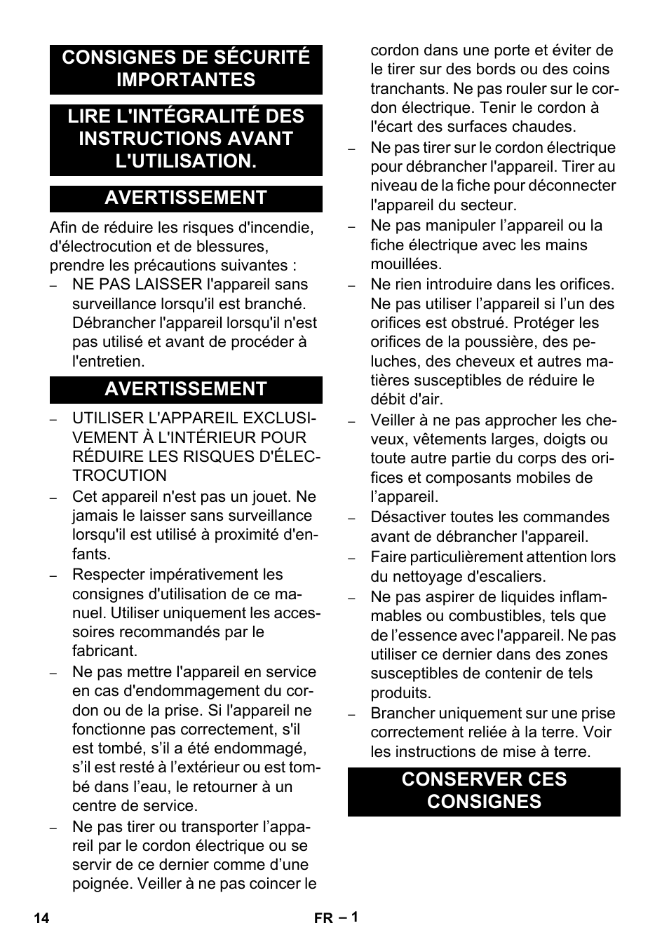 Français, Consignes de sécurité importantes, Avertissement | Conserver ces consignes | Karcher BR 30-4 User Manual | Page 14 / 44