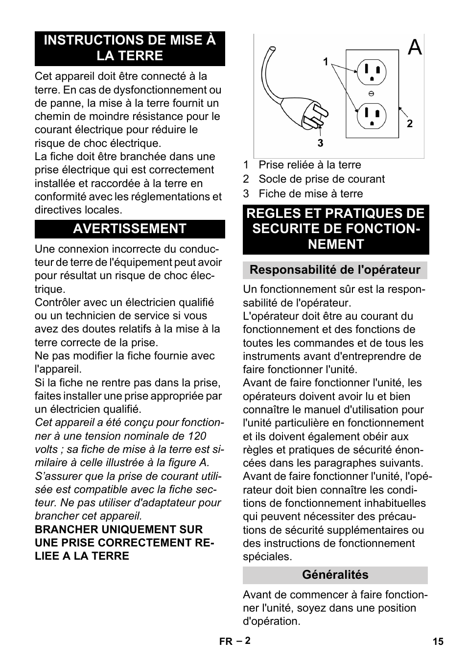 Instructions de mise à la terre, Avertissement, Regles et pratiques de securite de fonctionnement | Responsabilité de l'opérateur, Généralités | Karcher BR 30-4 User Manual | Page 15 / 44