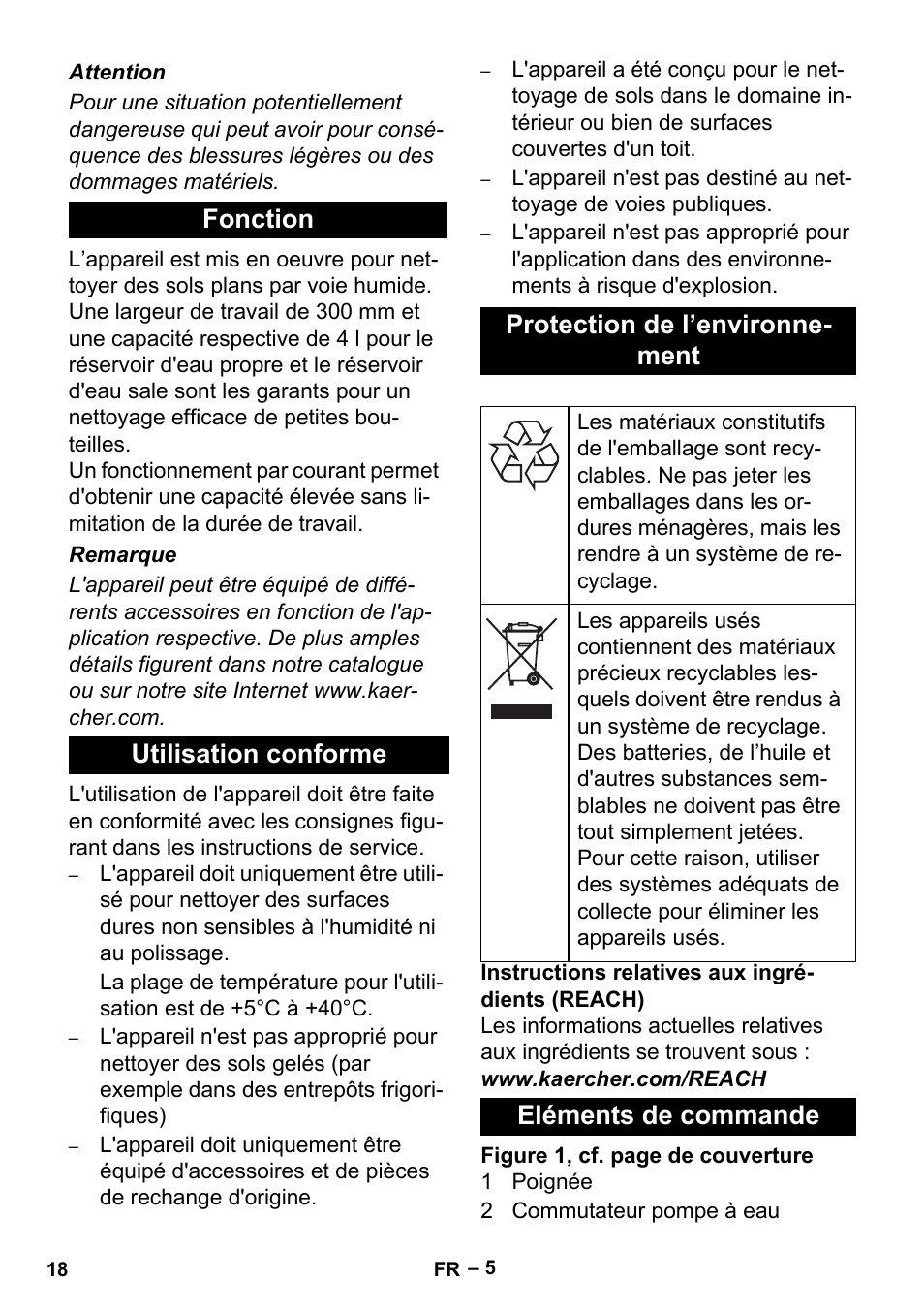 Fonction, Utilisation conforme, Protection de l’environnement | Eléments de commande | Karcher BR 30-4 User Manual | Page 18 / 44