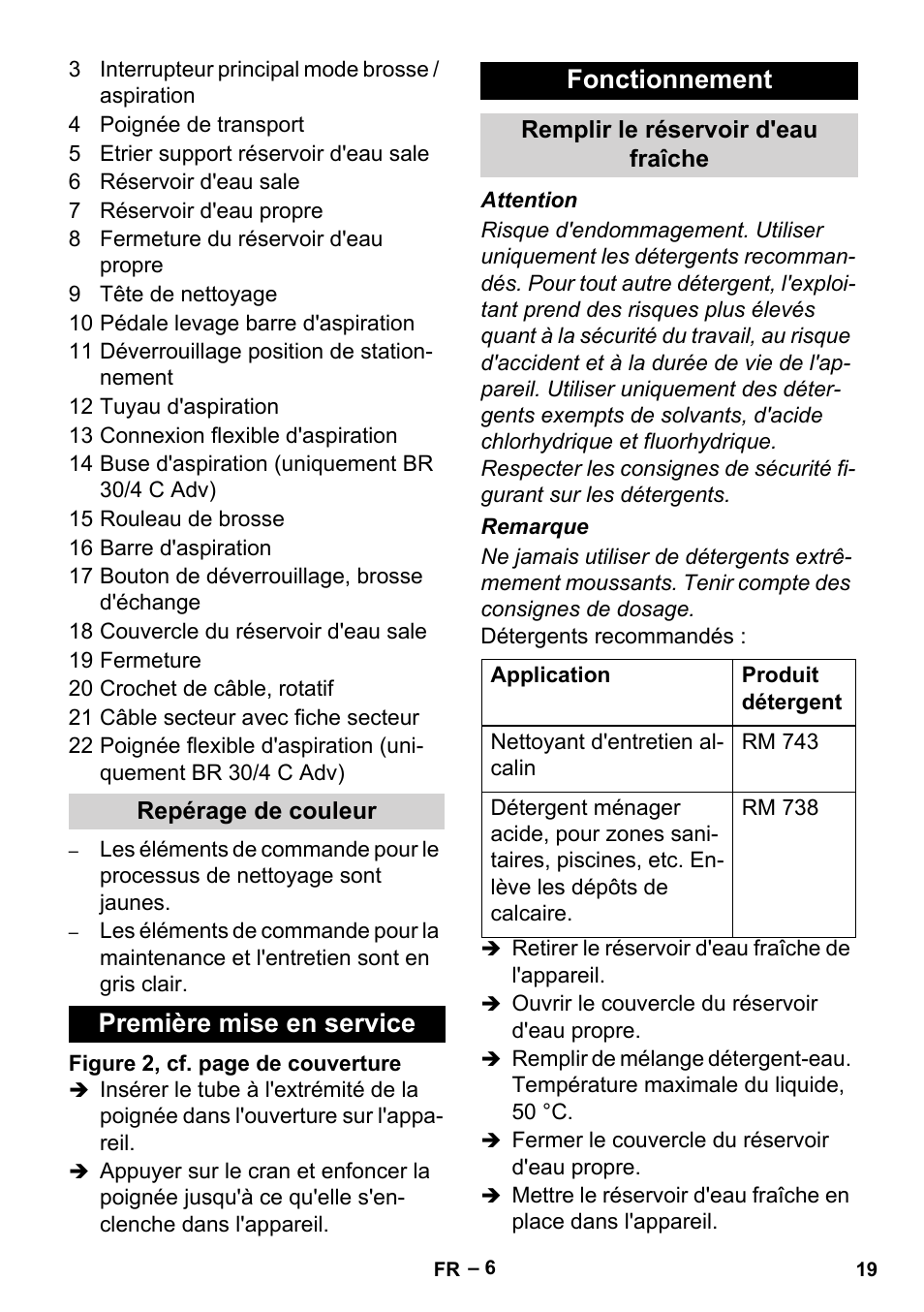 Repérage de couleur, Première mise en service, Fonctionnement | Remplir le réservoir d'eau fraîche, Première mise en service fonctionnement | Karcher BR 30-4 User Manual | Page 19 / 44