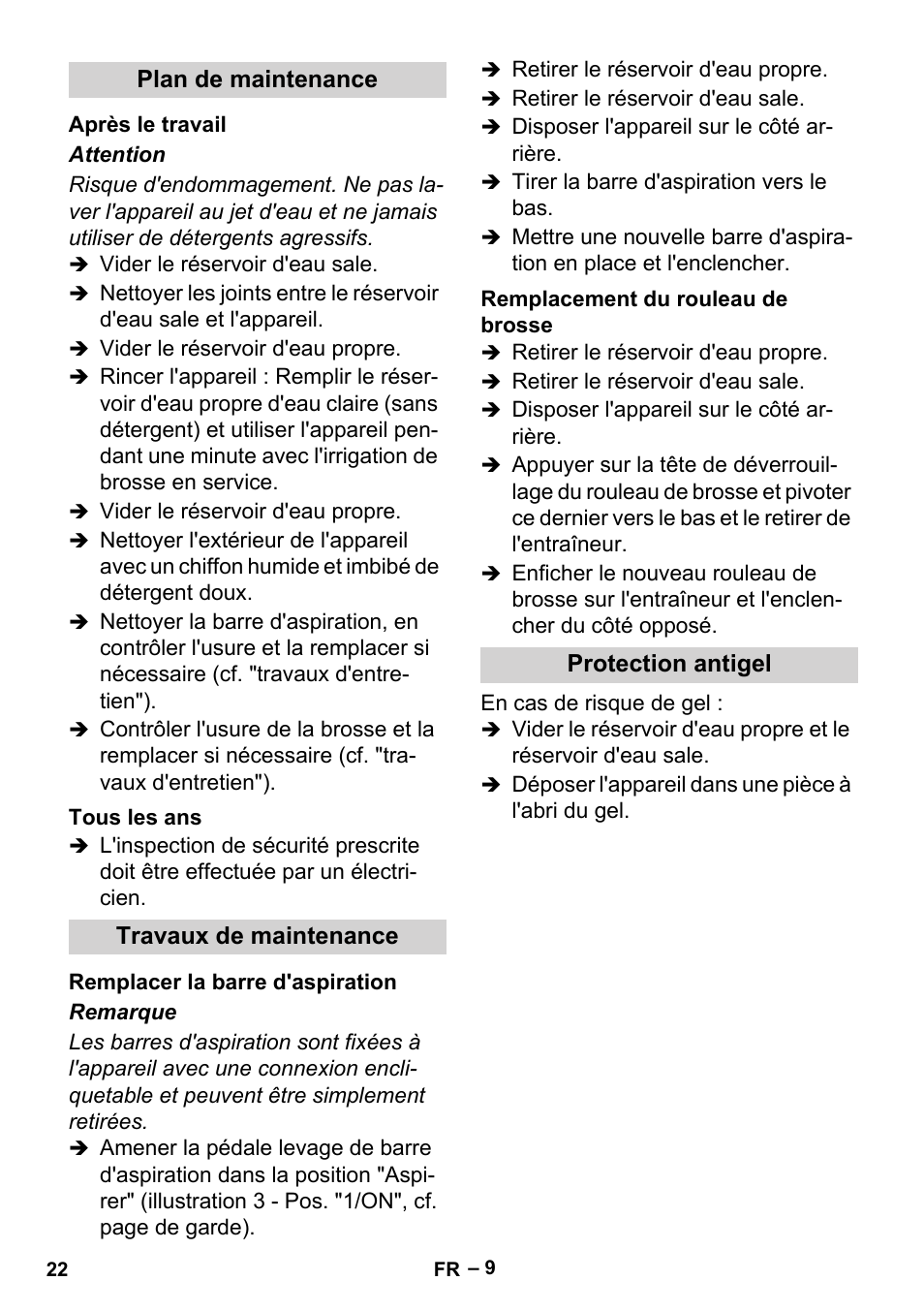 Plan de maintenance, Après le travail, Tous les ans | Travaux de maintenance, Remplacer la barre d'aspiration, Remplacement du rouleau de brosse, Protection antigel | Karcher BR 30-4 User Manual | Page 22 / 44