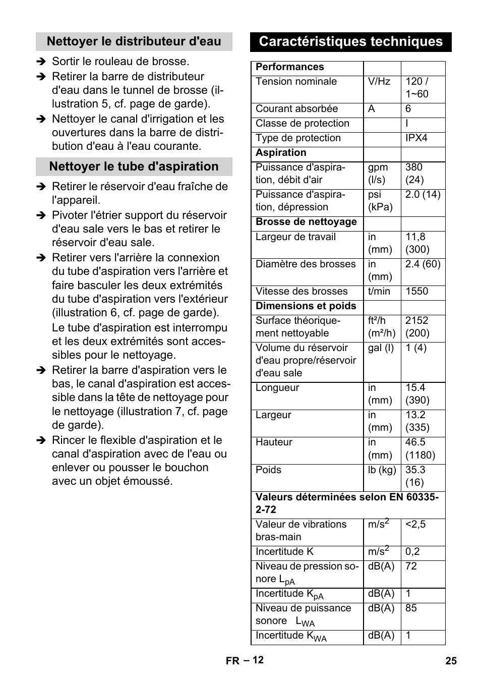 Nettoyer le distributeur d'eau, Nettoyer le tube d'aspiration, Caractéristiques techniques | Karcher BR 30-4 User Manual | Page 25 / 44