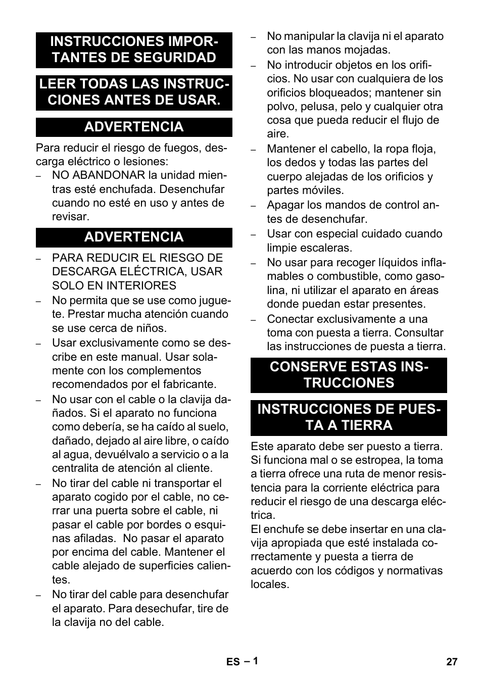 Español, Instrucciones importantes de seguridad, Leer todas las instrucciones antes de usar | Advertencia, Conserve estas instrucciones, Instrucciones de puesta a tierra | Karcher BR 30-4 User Manual | Page 27 / 44