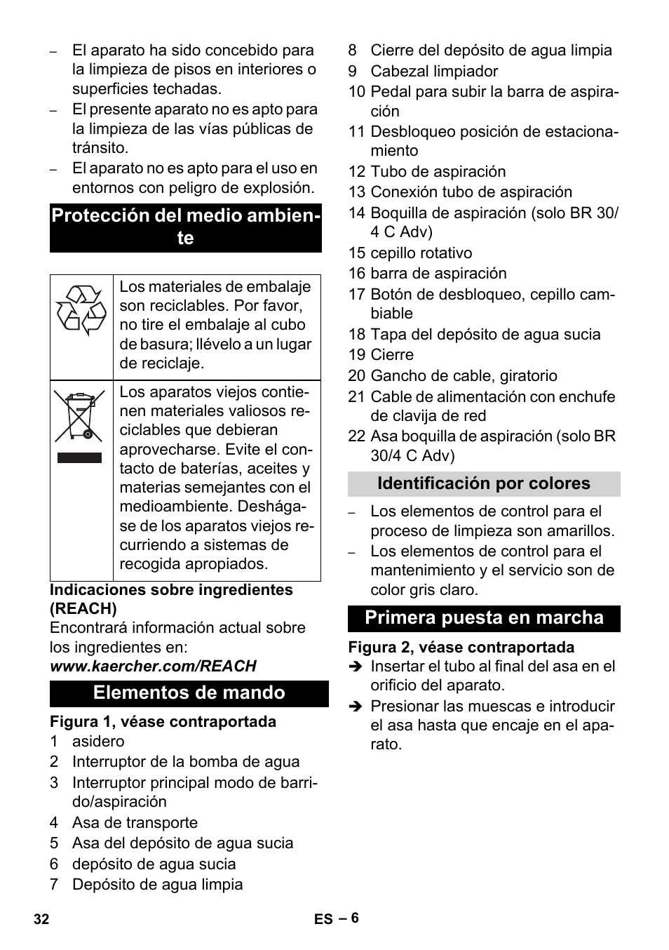 Protección del medio ambiente, Elementos de mando, Identificación por colores | Primera puesta en marcha, Protección del medio ambien- te | Karcher BR 30-4 User Manual | Page 32 / 44