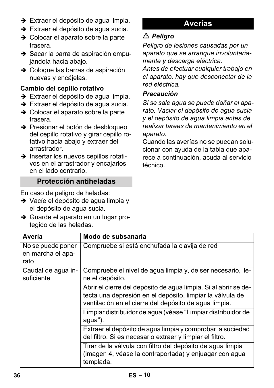 Cambio del cepillo rotativo, Protección antiheladas, Averías | Karcher BR 30-4 User Manual | Page 36 / 44