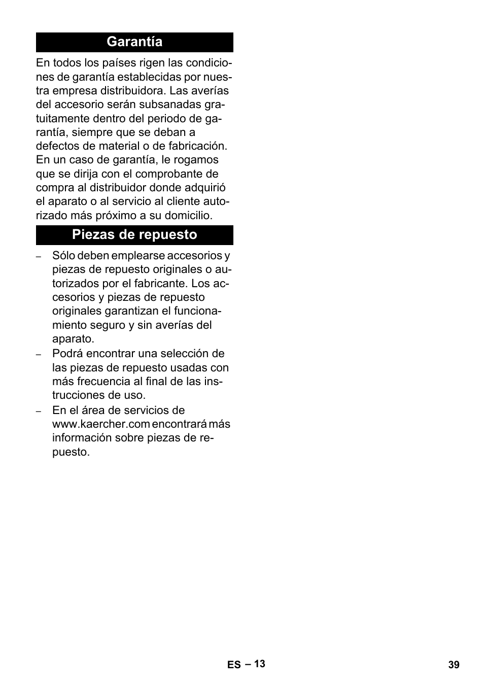 Garantía, Piezas de repuesto, Garantía piezas de repuesto | Karcher BR 30-4 User Manual | Page 39 / 44